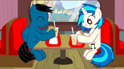 Size: 1920x1080 | Tagged: safe, artist:agkandphotomaker2000, dj pon-3, vinyl scratch, oc, oc:pony video maker, pony, burger, canon x oc, food, hay burger, lunch, pony video maker x vinyl scratch, videoscratch