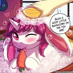 Size: 750x750 | Tagged: safe, artist:lumineko, fluttershy, oc, oc:lapush buns, original species, rabbit, equestria girls, bath, bathing, bathtub, bunnycorn, carrot, carrot in mouth, food, tongue out