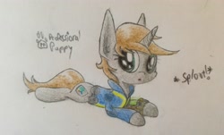 Size: 3622x2185 | Tagged: safe, artist:professionalpuppy, oc, oc only, oc:littlepip, pony, unicorn, fallout equestria, behaving like a dog, clothes, cute, doge, fanfic, fanfic art, female, mare, pipbuck, prone, shiba inu, simple background, solo, sploot, traditional art, vault suit, white background