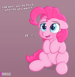 Size: 941x965 | Tagged: safe, artist:bnbigus, pinkie pie, earth pony, pony, chest fluff, cute, dialogue, diapinkes, female, floppy ears, happy, hug, hug request, mare, offscreen character, open mouth, ponk, question, sitting, smiling