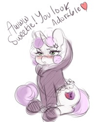 Size: 495x584 | Tagged: safe, artist:mrscurlystyles, sweetie belle, pony, clothes, cross-popping veins, cutie mark, female, filly, hoodie, simple background, sketch, solo, the cmc's cutie marks, tsundere, white background, wip