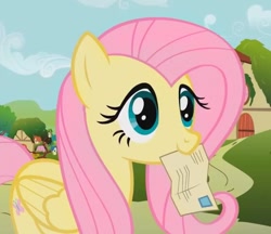 Size: 777x672 | Tagged: safe, screencap, fluttershy, pegasus, pony, putting your hoof down, cute, mail, mouth hold, shyabetes, solo