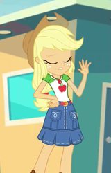 Size: 455x709 | Tagged: safe, screencap, applejack, better together, equestria girls, rollercoaster of friendship, belt, clothes, cowboy hat, cropped, denim skirt, eyes closed, female, freckles, geode of super strength, hat, skirt, solo, stetson