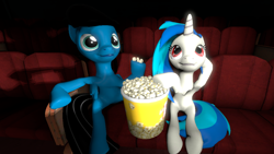 Size: 1920x1080 | Tagged: safe, artist:agkandphotomaker2000, dj pon-3, vinyl scratch, oc, oc:pony video maker, pony, 3d, canon x oc, cinema, date, date night, food, movies, pony video maker x vinyl scratch, popcorn, source filmmaker, videoscratch