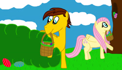 Size: 3325x1910 | Tagged: safe, artist:sb1991, fluttershy, oc, oc:film reel, pegasus, pony, basket, bush, challenge, easter, easter basket, easter egg, easter egg hunt, equestria amino, holiday, tree