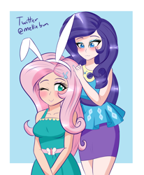 Size: 1650x2000 | Tagged: safe, artist:melliedraws, fluttershy, rarity, human, better together, equestria girls, blushing, breasts, bunny ears, clothes, cute, dress, female, flarity, geode of shielding, hootershy, human coloration, humanized, lesbian, magical geodes, shipping, smiling