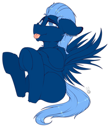 Size: 1251x1445 | Tagged: safe, artist:meggchan, oc, oc only, oc:relaxing rivers, hybrid, crossed arms, floppy ears, fluffy, grumpy, legs in air, male, simple background, sitting, solo, stallion, tongue out, white background