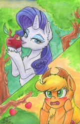Size: 1298x2012 | Tagged: safe, artist:invalid-david, applejack, rarity, earth pony, pony, unicorn, apple, apple tree, bedroom eyes, blushing, colored pencil drawing, cute, duo, duo female, female, food, jackabetes, lesbian, mare, rarijack, shipping, traditional art, tree, watercolor painting