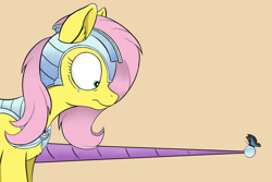 Size: 1024x683 | Tagged: safe, artist:rapid9, fluttershy, butterfly, pegasus, pony, the crystal empire, armor, chest fluff, crying, jousting, jousting outfit, lance, simple background, single tear, solo, weapon