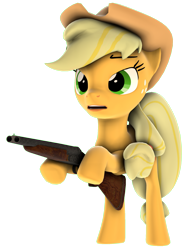 Size: 1648x2160 | Tagged: safe, artist:goatcanon, applejack, earth pony, pony, bipedal, gun, open mouth, shotgun, simple background, solo, transparent background, weapon