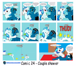 Size: 2560x2220 | Tagged: safe, artist:agkandphotomaker2000, dj pon-3, vinyl scratch, oc, oc:pony video maker, pony, 2016, accident, autumn, broken leg, canon x oc, comic, injured, kissing, love, old, shower, showering, videoscratch