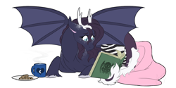 Size: 1200x600 | Tagged: safe, artist:curiouskeys, oc, oc only, oc:asteria, draconequus, hybrid, book, cthulhu, interspecies offspring, next generation, offspring, parent:discord, parent:princess luna, parents:lunacord, reading, request, simple background, solo, spread wings, white background, wings