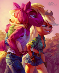 Size: 2204x2755 | Tagged: safe, artist:holivi, apple bloom, applejack, big macintosh, anthro, earth pony, plantigrade anthro, big head, bow, breasts, carrying, cleavage, clothes, cowboy hat, daisy dukes, eyes closed, feet, female, filly, freckles, gloves, hat, jeans, male, mare, pants, sandals, scenery, shorts, siblings, sleeping, stallion, stetson, sunset, tanktop, walking