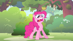 Size: 1280x720 | Tagged: safe, screencap, pinkie pie, earth pony, pony, filli vanilli, bird house, bush, faic, female, gasp, mare, shocked, solo