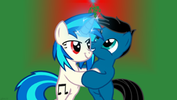 Size: 3840x2160 | Tagged: safe, artist:agkandphotomaker2000, dj pon-3, vinyl scratch, oc, oc:pony video maker, pony, canon x oc, excited, heartwarming, mistletoe, videoscratch