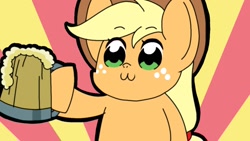 Size: 1200x675 | Tagged: safe, artist:erufi, applejack, earth pony, pony, cider, cowboy hat, crossover, female, hat, hoof hold, mare, mug, pop team epic, sunburst background, tankard