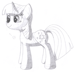 Size: 1408x1338 | Tagged: safe, artist:aafh, twilight sparkle, pony, unicorn, grayscale, monochrome, simple background, smiling, solo, traditional art, white background