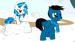 Size: 3840x2160 | Tagged: safe, artist:agkandphotomaker2000, dj pon-3, vinyl scratch, oc, oc:pony video maker, pony, canon x oc, snow, snowball, videoscratch, winter