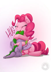 Size: 955x1351 | Tagged: safe, artist:mysticalpha, pinkie pie, spike, dragon, earth pony, pony, eyes closed, female, glomp, hape, happy, hug, male, mare, open mouth, smiling, spikelove, winged spike