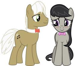 Size: 1611x1416 | Tagged: safe, artist:jaybugjimmies, artist:zacatron94, edit, frederic horseshoepin, octavia melody, earth pony, pony, blushing, female, fredtavia, looking at each other, male, mare, ribbon, shipping, simple background, stallion, straight, transparent background, vector, vector edit