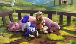 Size: 3500x2058 | Tagged: safe, artist:jotun22, applejack, rarity, earth pony, pig, pony, unicorn, duo, farm, female, fridge horror, hatless, mare, missing accessory, mud, mud bath, pigsty, sleeping, the implications are horrible, wallow