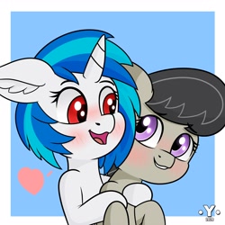 Size: 4000x4000 | Tagged: safe, artist:yelowcrom, dj pon-3, octavia melody, vinyl scratch, earth pony, pony, unicorn, blushing, cute, female, heart, hug, lesbian, mare, red eyes, scratchtavia, shipping, simple background, wrong eye color