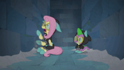 Size: 600x338 | Tagged: safe, screencap, fluttershy, spike, dragon, pegasus, pony, season 9, sparkle's seven, animated, bunny ears, claustrophobia, clothes, costume, dangerous mission outfit, duo, flutterspy, goggles, hoodie, panic attack, panicking, winged spike