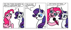 Size: 1000x421 | Tagged: safe, artist:gingerfoxy, pinkie pie, rarity, earth pony, pony, unicorn, pony comic generator, comic, dialogue, microphone, open mouth, speech bubble