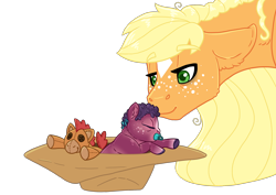 Size: 2480x1754 | Tagged: safe, artist:jackiebloom, applejack, oc, oc:zap apple, earth pony, pony, baby, baby pony, female, hat, magical lesbian spawn, mother and child, mother and daughter, offspring, parent and child, parent:applejack, parent:coloratura, parents:rarajack, plushie, simple background, sleeping, star (coat marking), transparent background