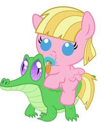 Size: 836x967 | Tagged: safe, artist:red4567, gummy, oc, pony, andrea libman, andreabetes, baby, baby pony, cute, ocbetes, pacifier, ponies riding gators, ponified, riding, simple background, white background