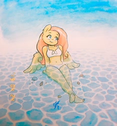 Size: 2749x2950 | Tagged: safe, artist:katputze, fluttershy, anthro, pegasus, plantigrade anthro, adorasexy, barefoot, belly button, bikini, clothes, cute, feet, female, mare, sexy, shyabetes, solo, swimsuit, traditional art, white swimsuit