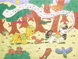 Size: 3789x2917 | Tagged: safe, artist:jamestkelley, applejack, coloratura, bird, earth pony, pony, squirrel, cute, forest, happy, jackabetes, music notes, rarabetes, singing, snow white, traditional art, tree