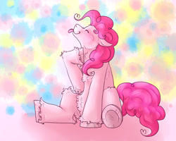 Size: 1024x820 | Tagged: safe, artist:songofwolf, pinkie pie, pony, cute, diapinkes, eyes closed, fluffy, hoof on chest, multicolored background, silly, sitting, smiling, solo, tongue out, underhoof