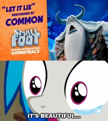 Size: 2003x2245 | Tagged: safe, dj pon-3, vinyl scratch, pony, unicorn, caption, common, crying, epic wub time, eye shimmer, image macro, it's beautiful, let it lie, meme, smallfoot, stonekeeper, tears of joy, text