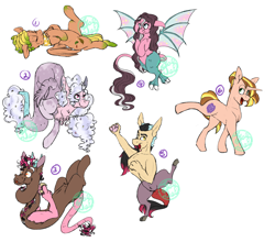 Size: 3645x3203 | Tagged: safe, artist:farewelldecency, oc, oc only, oc:anomaly, oc:delirium, oc:riot, oc:saturn apple, oc:space-case, oc:whisper willow, pony, interspecies offspring, magical lesbian spawn, offspring, parent:applejack, parent:discord, parent:fluttershy, parent:pinkie pie, parent:tree hugger, parent:twilight sparkle, parents:discopie, parents:flutterhugger, parents:twijack, simple background, white background