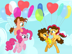 Size: 6424x4880 | Tagged: safe, artist:velveagicsentryyt, cheese sandwich, pinkie pie, oc, oc:party pie, oc:sugar high, earth pony, pony, absurd resolution, balloon, cheesepie, colt, female, filly, floating, male, offspring, parent:cheese sandwich, parent:pinkie pie, parents:cheesepie, shipping, straight, then watch her balloons lift her up to the sky