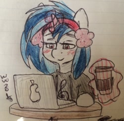 Size: 1280x1245 | Tagged: safe, artist:grayflower, dj pon-3, vinyl scratch, pony, unicorn, coffee, computer, earmuffs, laptop computer, lined paper, solo, traditional art