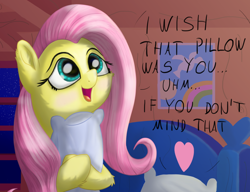 Size: 1376x1055 | Tagged: safe, artist:nuxersopus, fluttershy, pegasus, pony, bed, blushing, cute, dawwww, dialogue, heart, hug, indoors, looking up, night, open mouth, pillow, shyabetes, smiling, solo, text