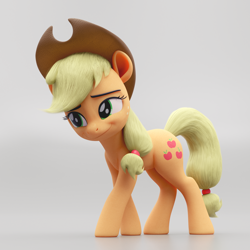 Size: 4096x4096 | Tagged: safe, artist:therealdjthed, applejack, earth pony, pony, 3d, 3d model, absurd resolution, blender, cowboy hat, cycles, cycles render, female, freckles, gray background, hat, mare, model:djthed, side view, simple background, smiling, solo