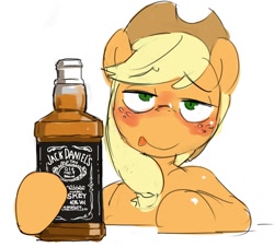 Size: 972x880 | Tagged: safe, artist:baigak, applejack, earth pony, pony, alcohol, blushing, drinking, drunk, drunk aj, jack daniels, simple background, solo, tongue out, white background