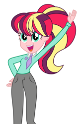Size: 4000x6000 | Tagged: safe, artist:spottedlions, oc, oc only, oc:daydream glow, equestria girls, absurd resolution, clothes, equestria girls-ified, female, magical lesbian spawn, offspring, open mouth, pants, parent:sci-twi, parent:sunset shimmer, parent:twilight sparkle, parents:scitwishimmer, parents:sunsetsparkle, simple background, solo, white background