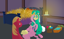 Size: 2300x1400 | Tagged: safe, anonymous artist, big macintosh, fluttershy, pegasus, pony, series:fm holidays, animal costume, basket, bed, big macintosh is not amused, bunny costume, candle, candlelight, carrot, clothes, costume, easter egg, female, fluttermac, food, hay, hoof hold, innocent, lineless, male, no pupils, shipping, smiling, straight, unamused