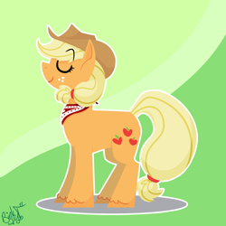 Size: 2000x2000 | Tagged: safe, artist:binkyt11, derpibooru exclusive, applejack, earth pony, pony, abstract background, applejack's hat, atg 2018, bandana, colored hooves, cowboy hat, cutie mark, eyes closed, female, freckles, hat, hooves, lineless, mare, minimalist, modern art, newbie artist training grounds, signature, smiling, solo, standing, stetson