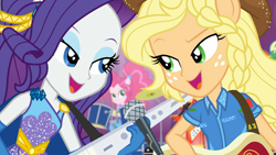 Size: 1920x1080 | Tagged: safe, screencap, applejack, pinkie pie, rarity, better together, equestria girls, rollercoaster of friendship, photo booth, ponied up, shipping fuel, singing