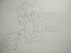 Size: 2080x1560 | Tagged: safe, artist:ljdamz1119, pinkie pie, earth pony, pony, female, holding hooves, looking at you, mare, monochrome, open mouth, raised hoof, simple background, sitting, sketch, smiling, solo, talking to viewer, traditional art, white background