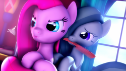 Size: 3840x2159 | Tagged: safe, artist:selestlight, marble pie, pinkie pie, earth pony, pony, 3d, female, hairbrush, mouth hold, pinkamena diane pie, siblings, sisters, source filmmaker, twins