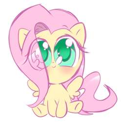 Size: 500x500 | Tagged: safe, artist:thegreatrouge, fluttershy, pegasus, pony, blushing, chibi, colored pupils, cute, eye clipping through hair, female, mare, shyabetes, simple background, sitting, solo, white background