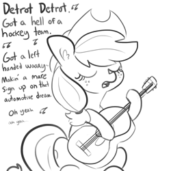 Size: 1650x1650 | Tagged: safe, artist:tjpones, applejack, earth pony, pony, acoustic guitar, dialogue, ear fluff, eyes closed, female, grayscale, guitar, lyrics, mare, monochrome, music notes, papa hobo, paul simon, simple background, singing, sketch, solo, song reference, text, white background