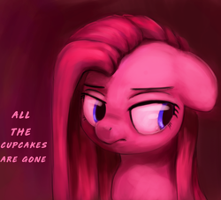 Size: 1000x907 | Tagged: safe, artist:aemantaslim, edit, pinkie pie, earth pony, pony, bust, cute, cuteamena, female, lidded eyes, looking away, mare, pink, pinkamena diane pie, portrait, sad, solo, text, text edit