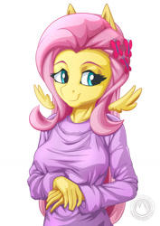 Size: 955x1351 | Tagged: safe, artist:mysticalpha, fluttershy, anthro, pegasus, beautiful, breasts, clothes, female, hootershy, mare, smiling, solo, sweater